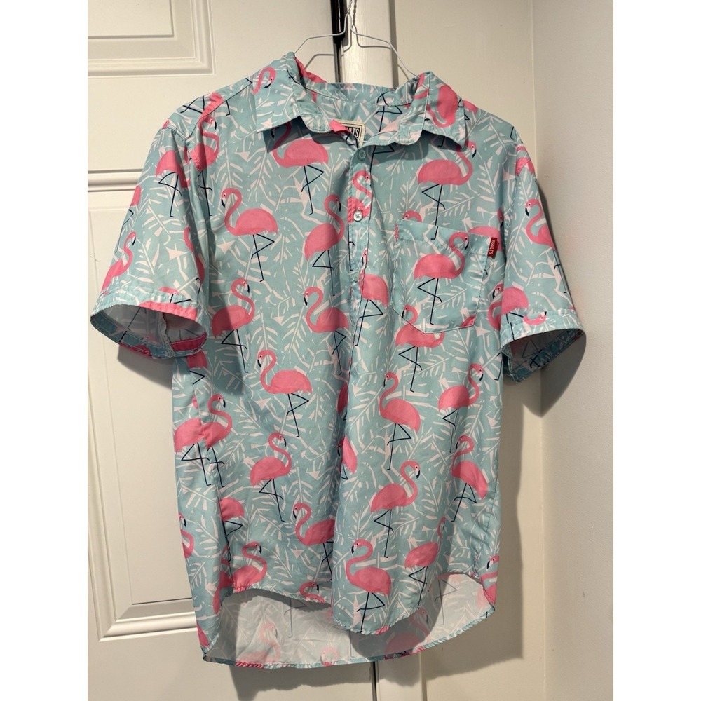 RSVLTS Flamingo Shirt Mens L Blue Pink Tropical Button Up Short Sleeve
